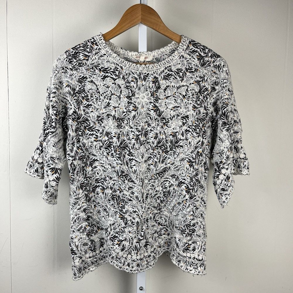 Solitaire Casual Top Womens‎ Large Black White Embroidered Short Sleeve